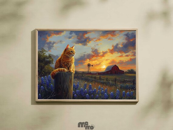 Orange Tabby Cat Texas Sunset Oil Painting Poster Barn Bluebonnet Field