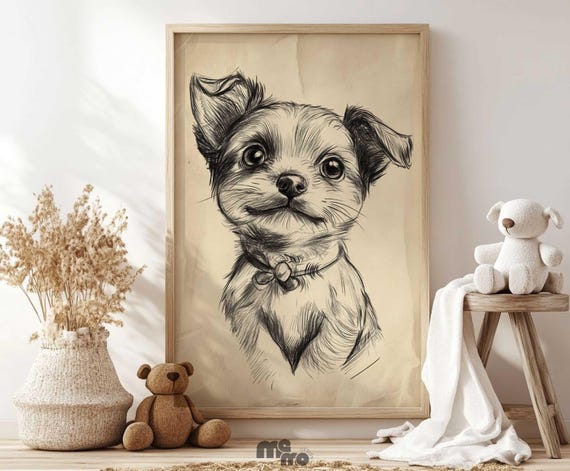 Sweet Puppy Sketch Boho Nursery Decor Art Print