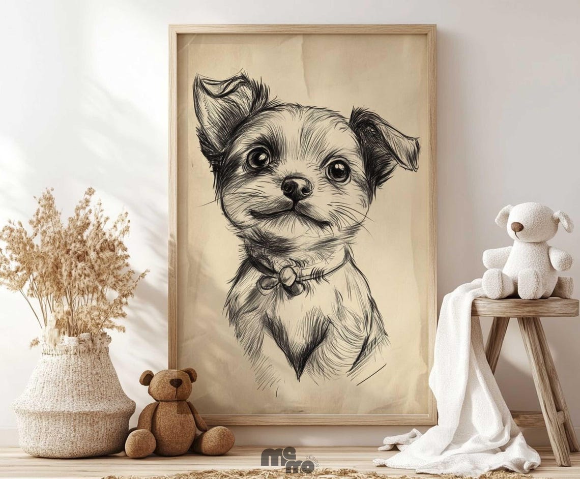 Sweet Puppy Sketch Boho Nursery Decor Art Print