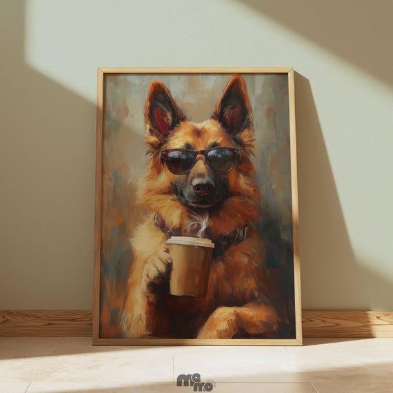 German Shepherd Coffee Wall Art Poster Funny Dog Holding Mug In Sunglasses Oil Painting Lovers Fans Gift Premium Matte Paper