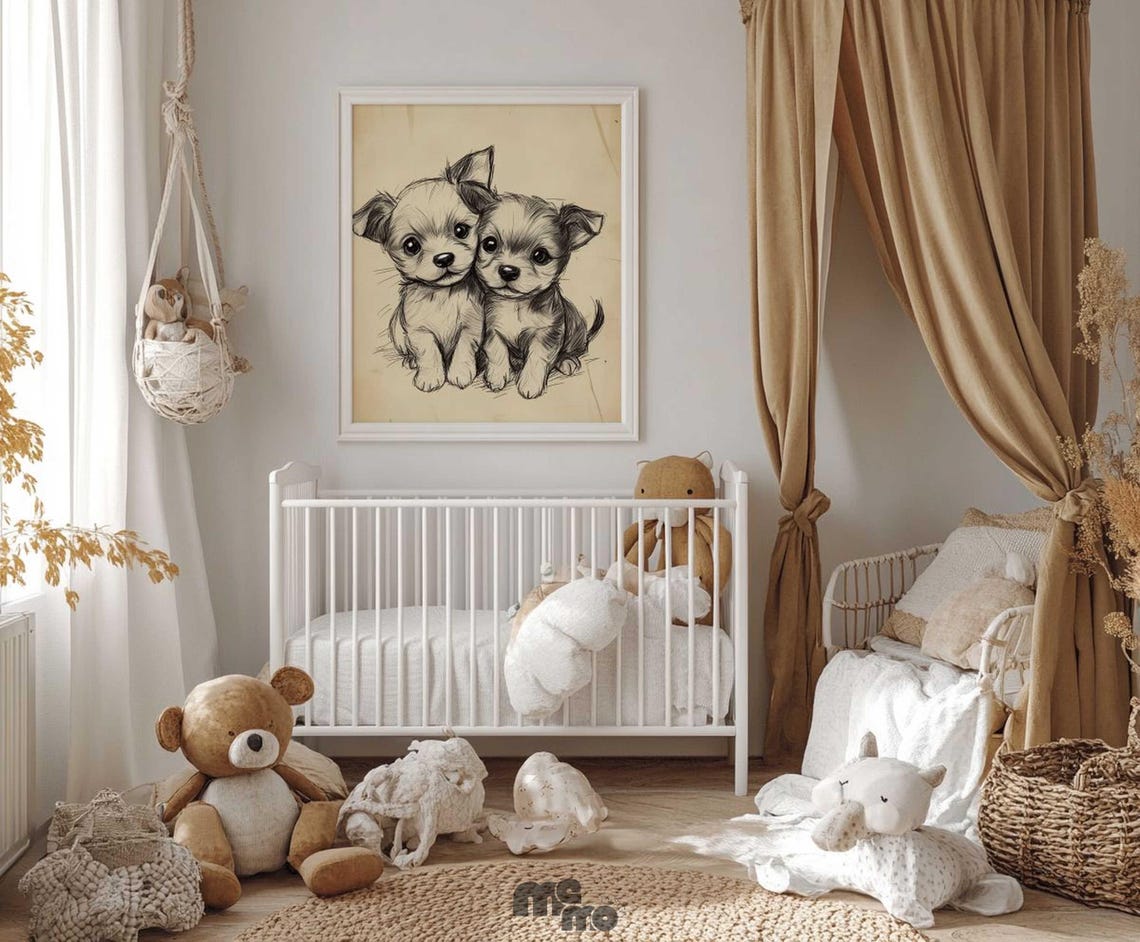 Twin Puppies Sketch, Boho Nursery Pet Decor - Image 3