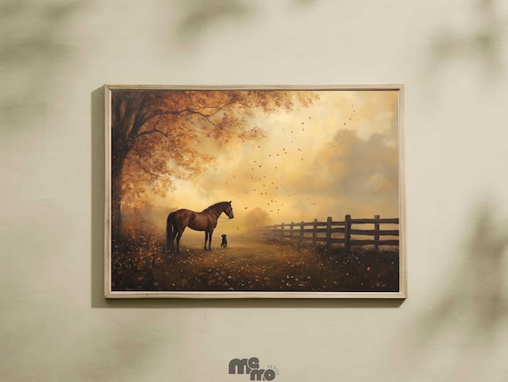 Horse and Dog Autumn Sunset Art Print