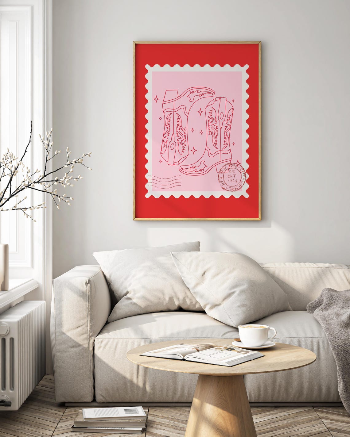 Pink Cowboy Boots Postage Stamp Trendy Western Coastal Wall Art Poster - Image 2
