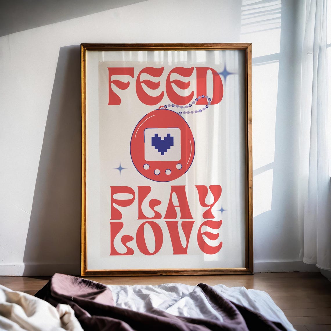 Red Retro Digital Pet Tamagotchi Feed Play Love 90s Nostalgia Poster