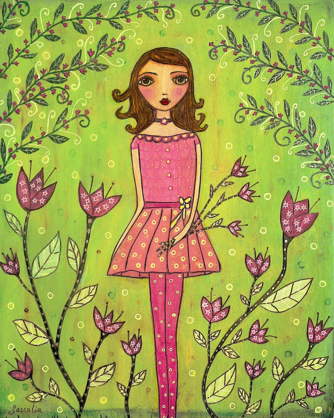 Sweet Brunette Girl In Pink Dress Standing Among Flowers Art Poster
