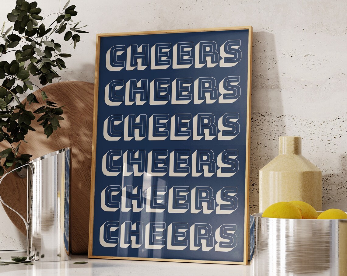 Cheers Print Bar Cart Wall Art Vintage Bar Cart Poster Bar Print Blue Bar Art Retro Bar Cart Decor Cheers Sign 1 Print