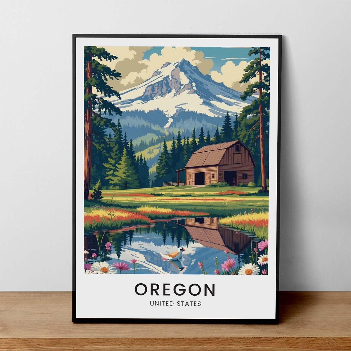 Mount Hood Oregon Snowy Barn Lake Cabin Vintage Travel Poster