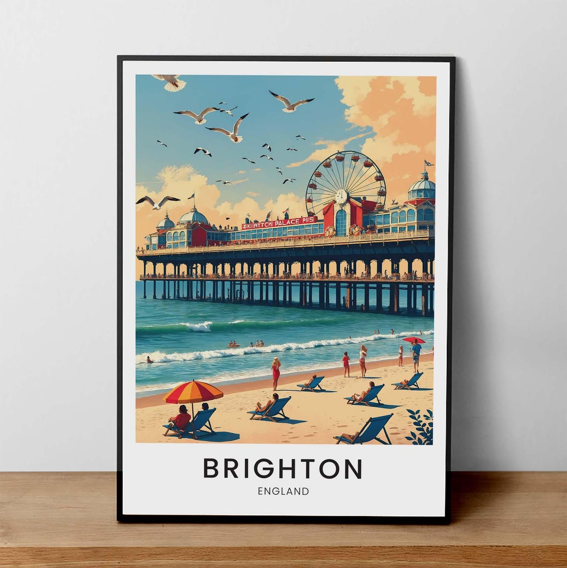 Brighton England Palace Pier Beach Vintage Seaside Travel Poster
