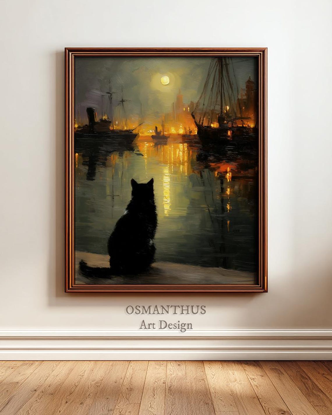Black Cat Watching Moonlit Harbor Ships Vintage Oil Style Poster