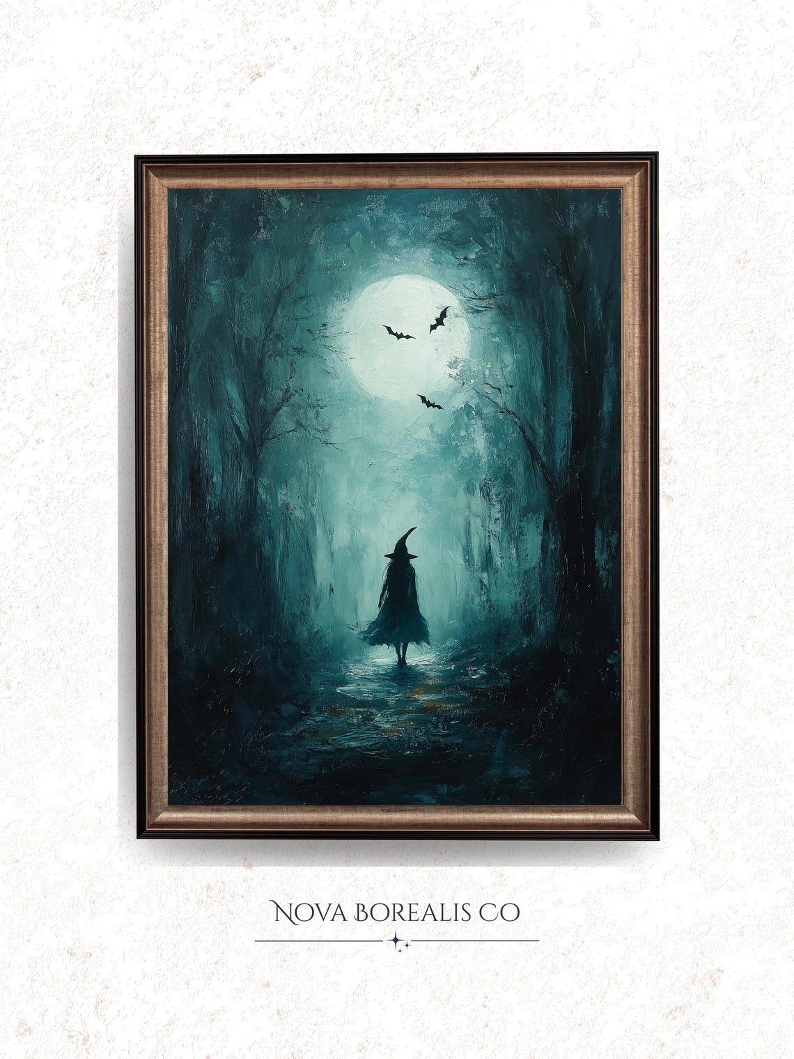 Witch Walking In Dark Forest Full Moon Bats Moody Oil Painting Poster