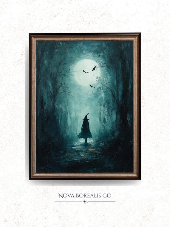 Witch Walking In Dark Forest Full Moon Bats Moody Oil Painting Poster
