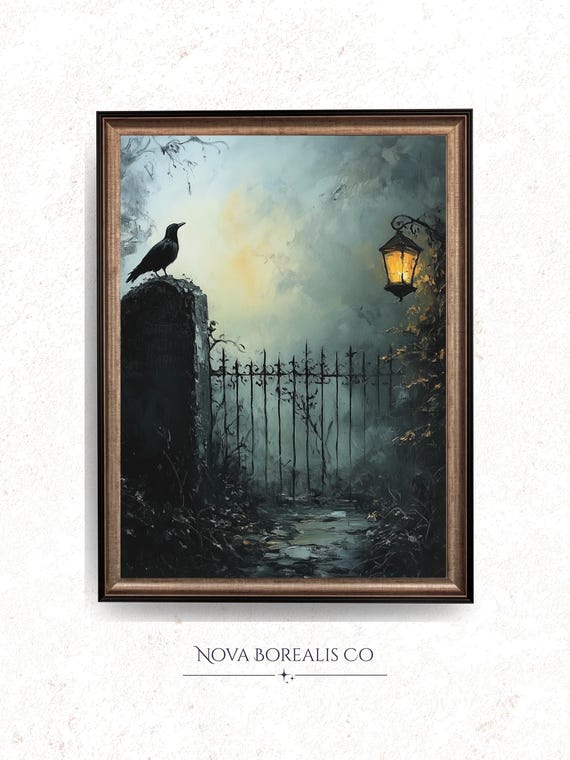 Crow On Tombstone Moody Cemetery Lantern Misty Moonlight Poster