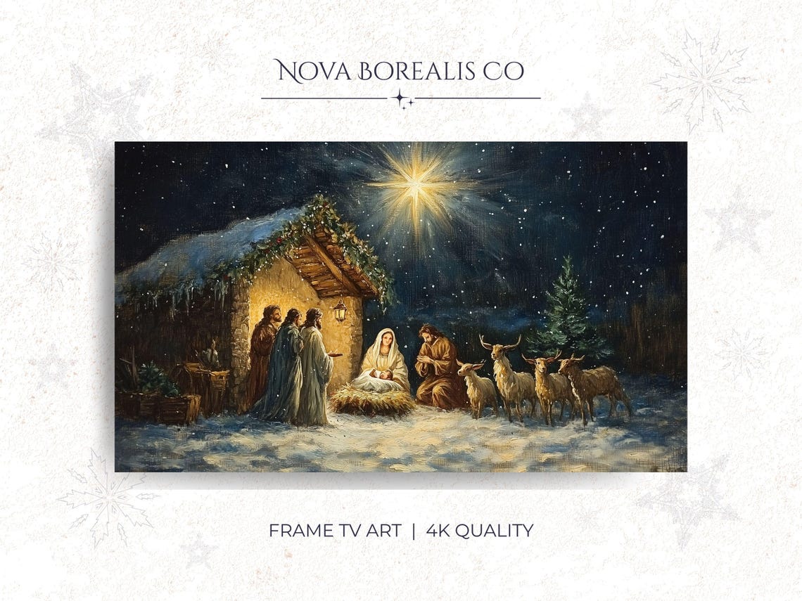 Vintage Christmas Nativity Scene Bethlehem Star Holiday Art Print