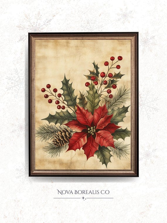 Vintage Christmas Botanical Poinsettia And Holly Art Rustic Farmhouse Holiday Decor Festive Wall 159