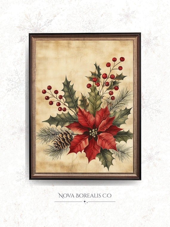 Vintage Christmas Botanical Poinsettia Holly Pine Farmhouse Wall Art