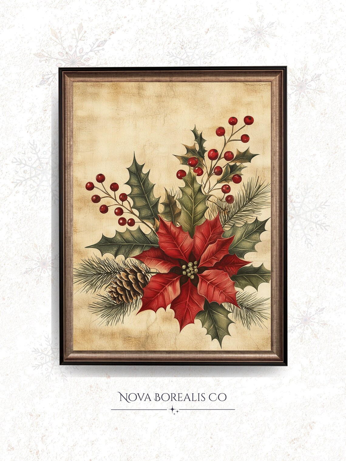 Vintage Christmas Botanical Poinsettia Holly Pine Farmhouse Wall Art