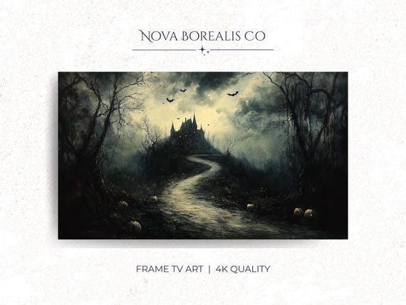 Vintage Haunted Mansion Silhouette Art Spooky Landscape Frame Tv Halloween Dark Forest Path Autumn Decor 29