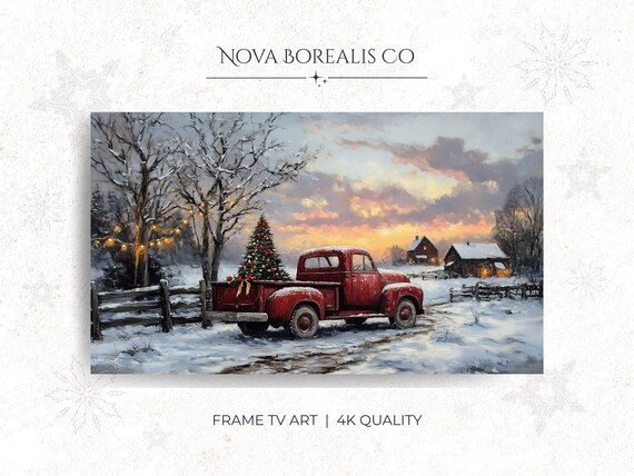 Vintage Red Pickup Truck Christmas Tree Rustic Winter Poster