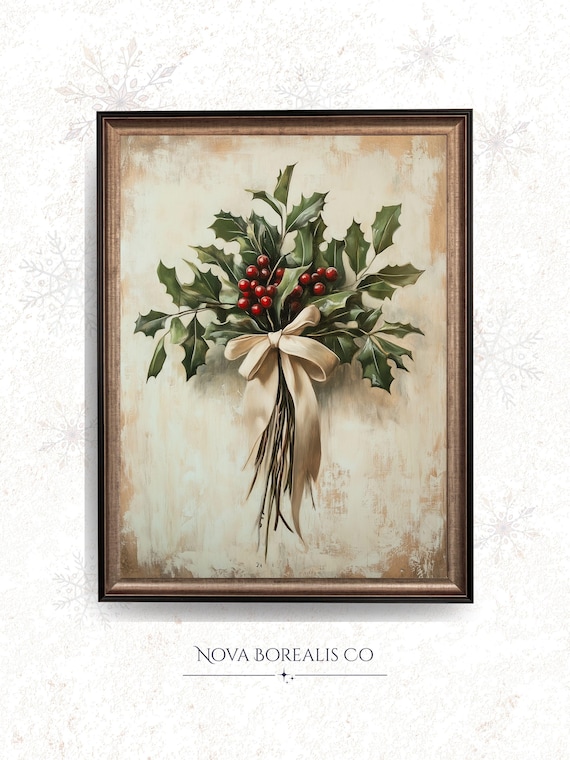 Vintage Christmas Holly Branch With Red Berries And Bow Art Poster