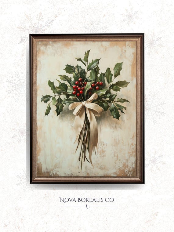 Vintage Holiday Botanical Print Holly Mistletoe Christmas Art Rustic Farmhouse Decor Festive Wall 172