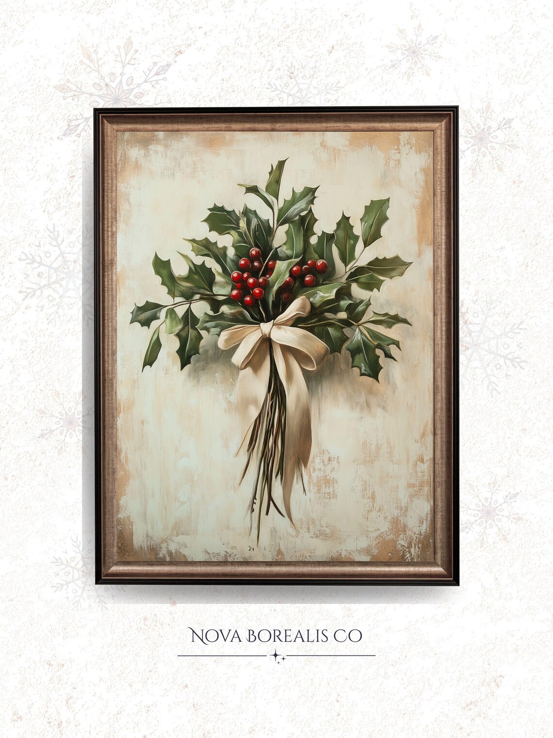 Vintage Christmas Holly Branch With Red Berries And Bow Art Poster
