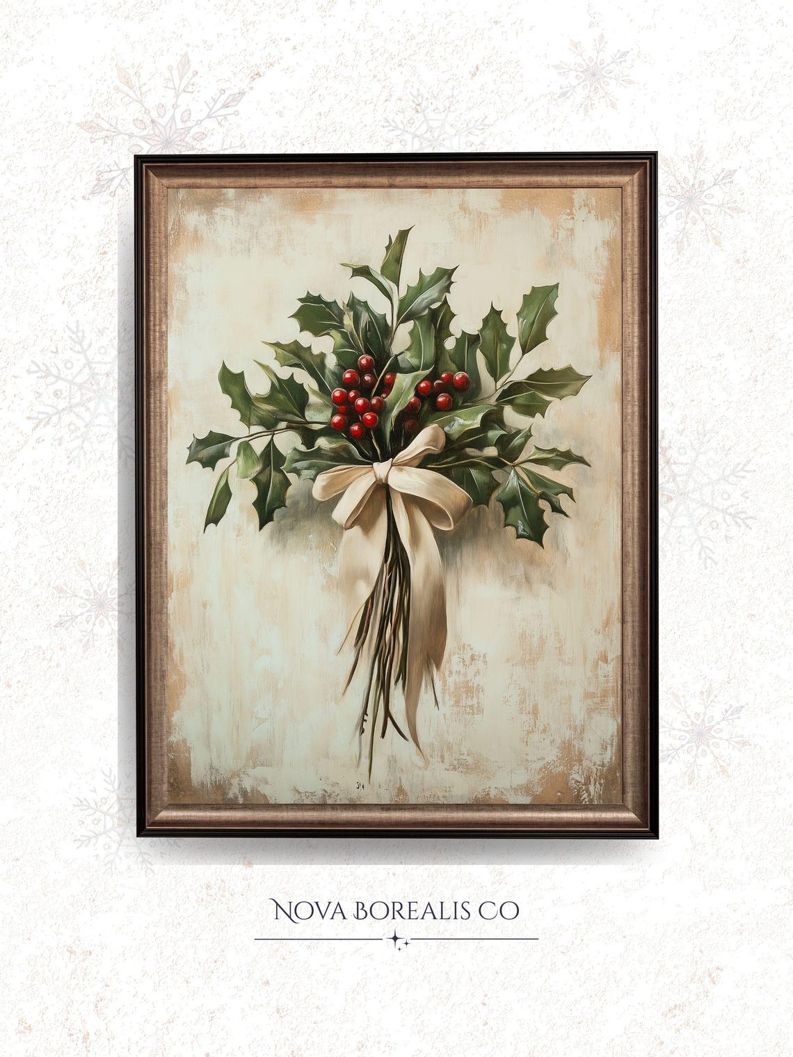 Vintage Holiday Botanical Print Holly Mistletoe Christmas Art Rustic Farmhouse Decor Festive Wall 172