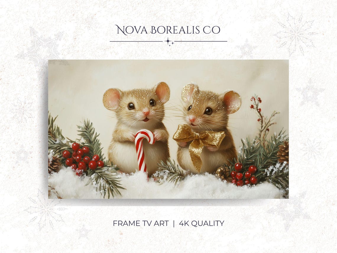 Christmas Mice Pair Candy Cane Gold Bow Vintage Holiday Art Print