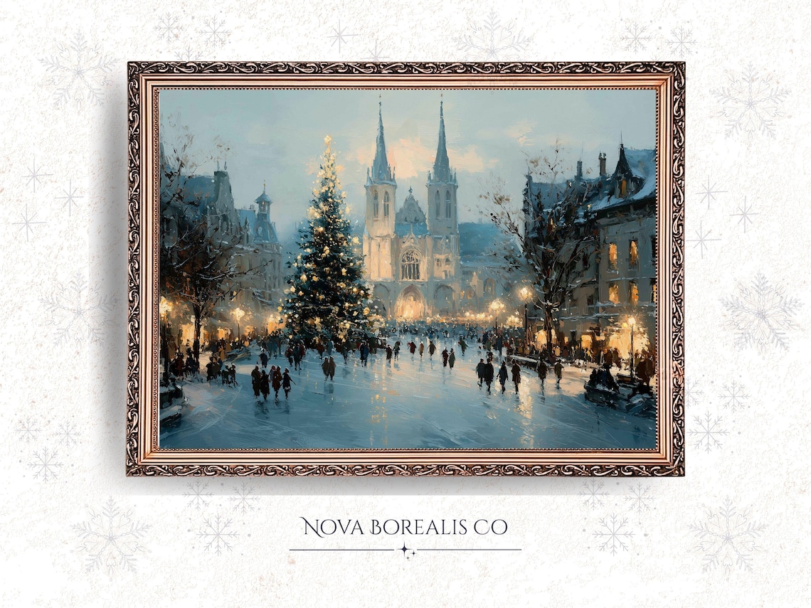 Vintage Christmas Tree Town Square Poster Snowy Cathedral Holiday Scene
