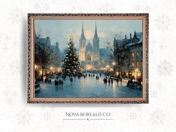 Vintage Christmas Tree Town Square Poster Snowy Cathedral Holiday Scene