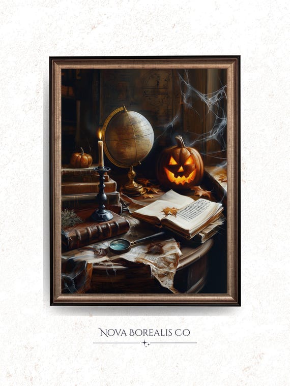 Moody Halloween Study Table Scene Vintage Art With Candle Pumpkin Globe Rustic Fall Decor For Ambiance 38