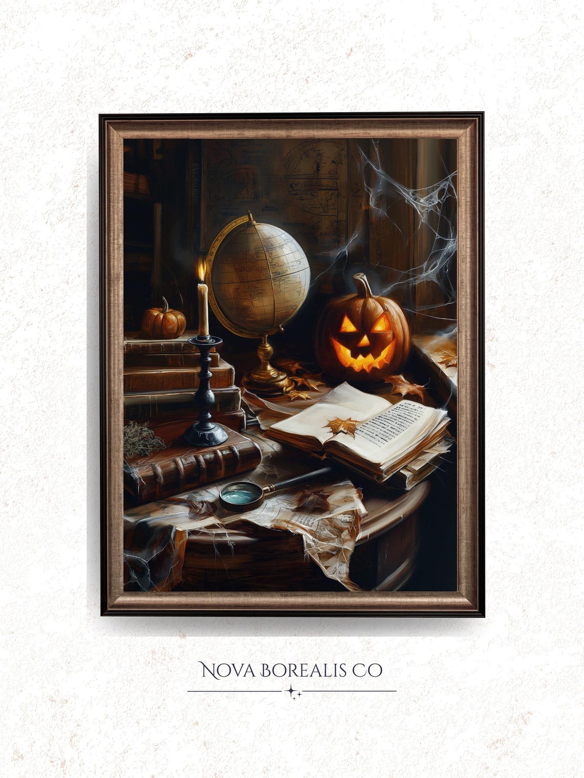 Moody Halloween Study Table Scene Vintage Art With Candle Pumpkin Globe Rustic Fall Decor For Ambiance 38