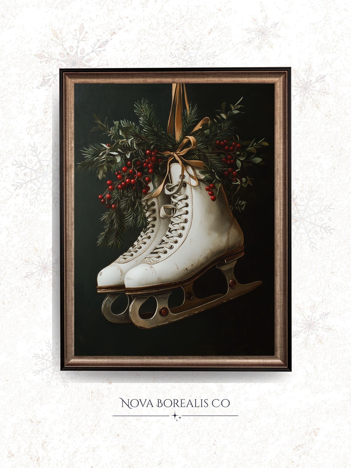 Vintage White Ice Skates, Rustic Holiday Art Print