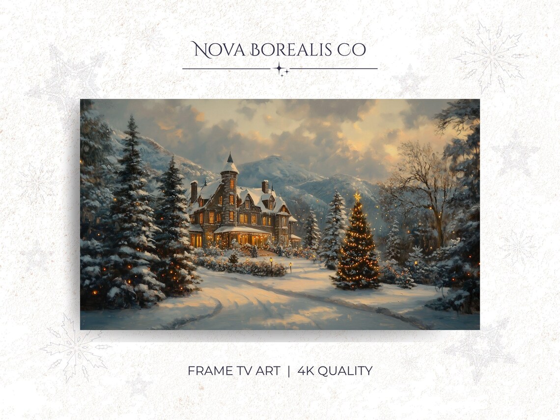 Christmas Manor Glowing Windows Snowy Night Holiday Art Poster