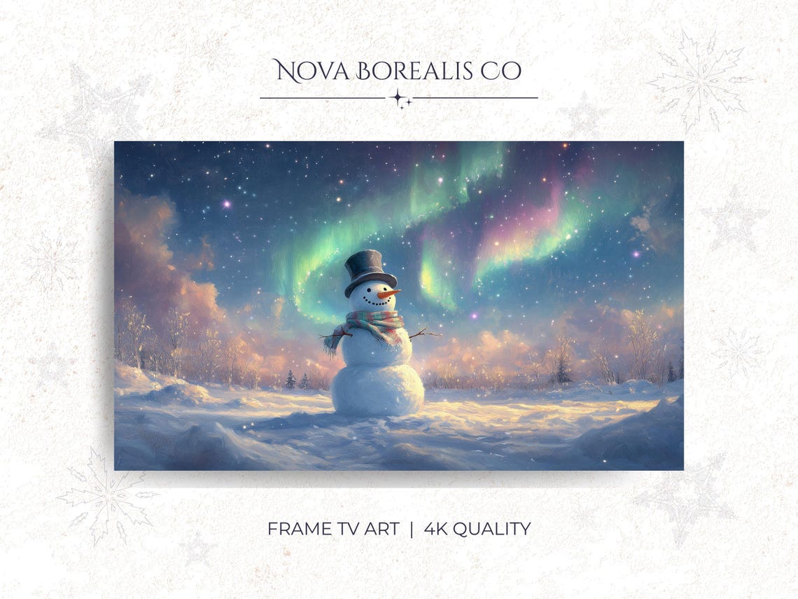 Snowman Under Northern Lights Winter Night Sky Cozy Frame TV Poster