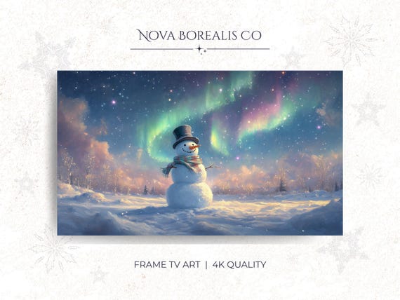 Vintage Snowman Frame Tv Art Cozy Winter Night Painting With Northern Lights Snowy Decor For Rustic Wall 73