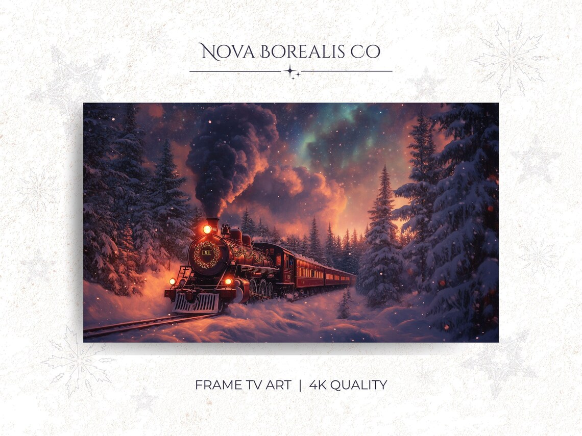 Vintage Steam Train Snowy Forest Night Northern Lights Holiday Poster