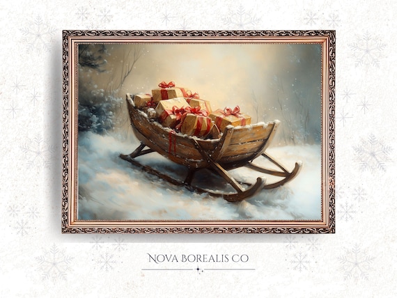 Vintage Christmas Sleigh Gifts Poster Rustic Wooden Snow Holiday Scene Art
