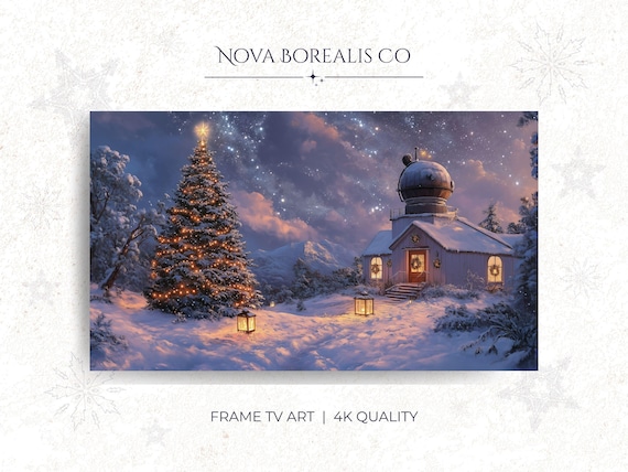 Snowy Winter Observatory Poster Christmas Tree Starry Night Holiday Art