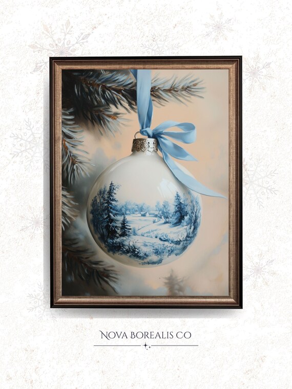 Blue White Christmas Ornament Bauble Winter Village Art Poster