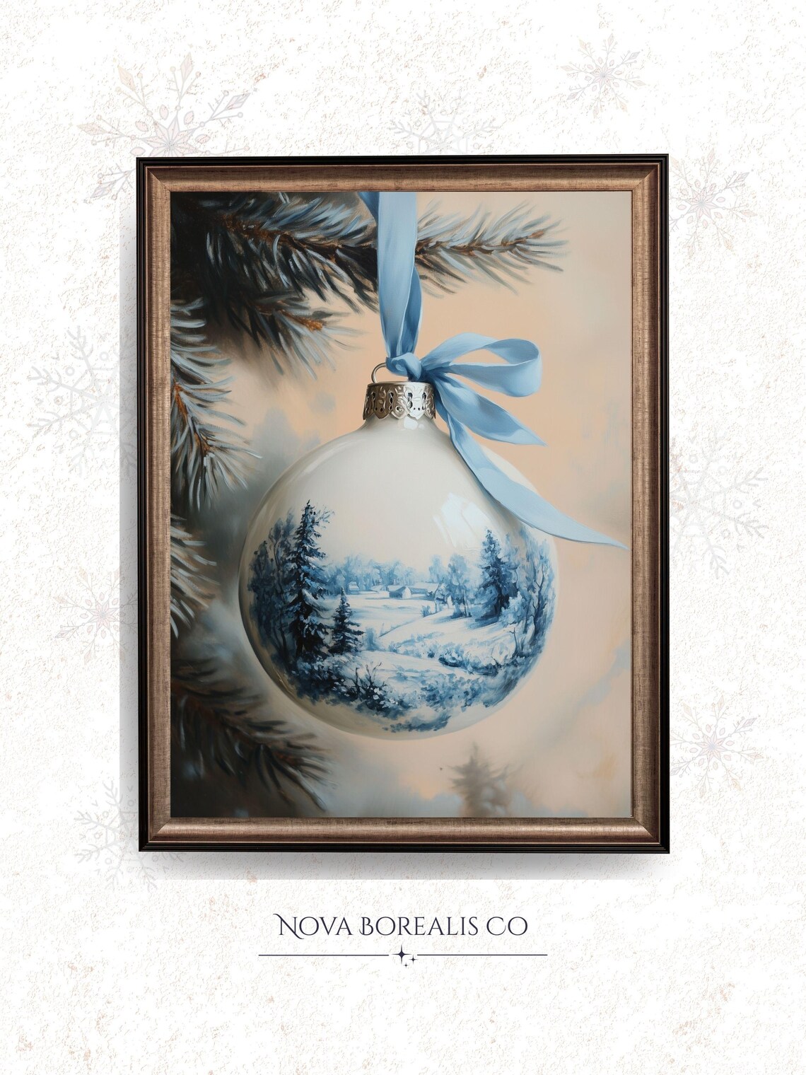 Blue White Christmas Ornament Bauble Winter Village Art Poster