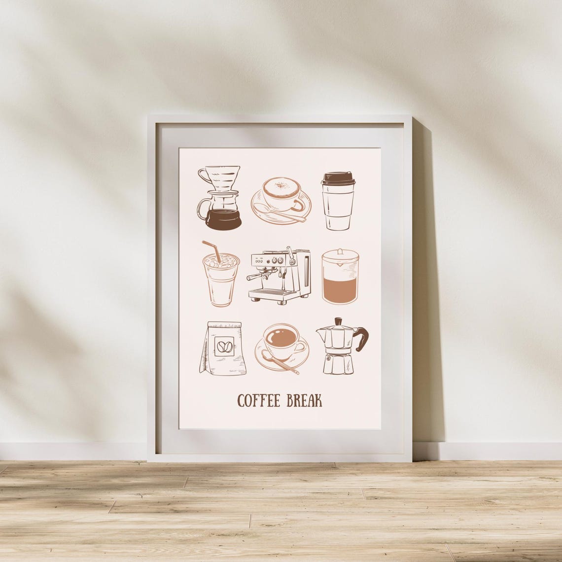 Coffee Break Brown Line Art Espresso Moka Pot Kitchen Cafe Poster - Image 3