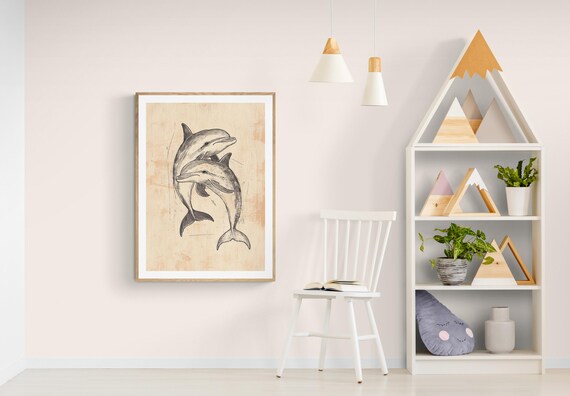 Two Dolphins Leaping Hand Drawn Sketch Ocean Nursery Coastal Kids Art Print