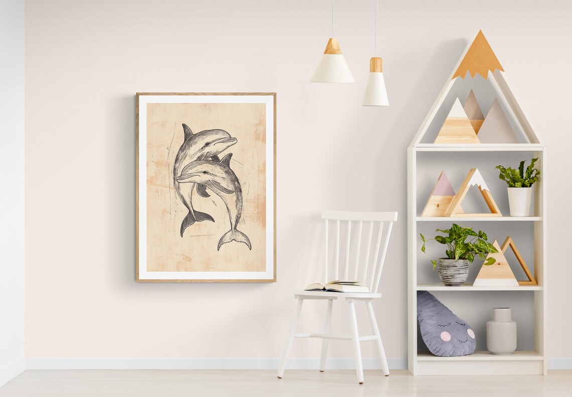 Two Dolphins Leaping Hand Drawn Sketch Ocean Nursery Coastal Kids Art Print