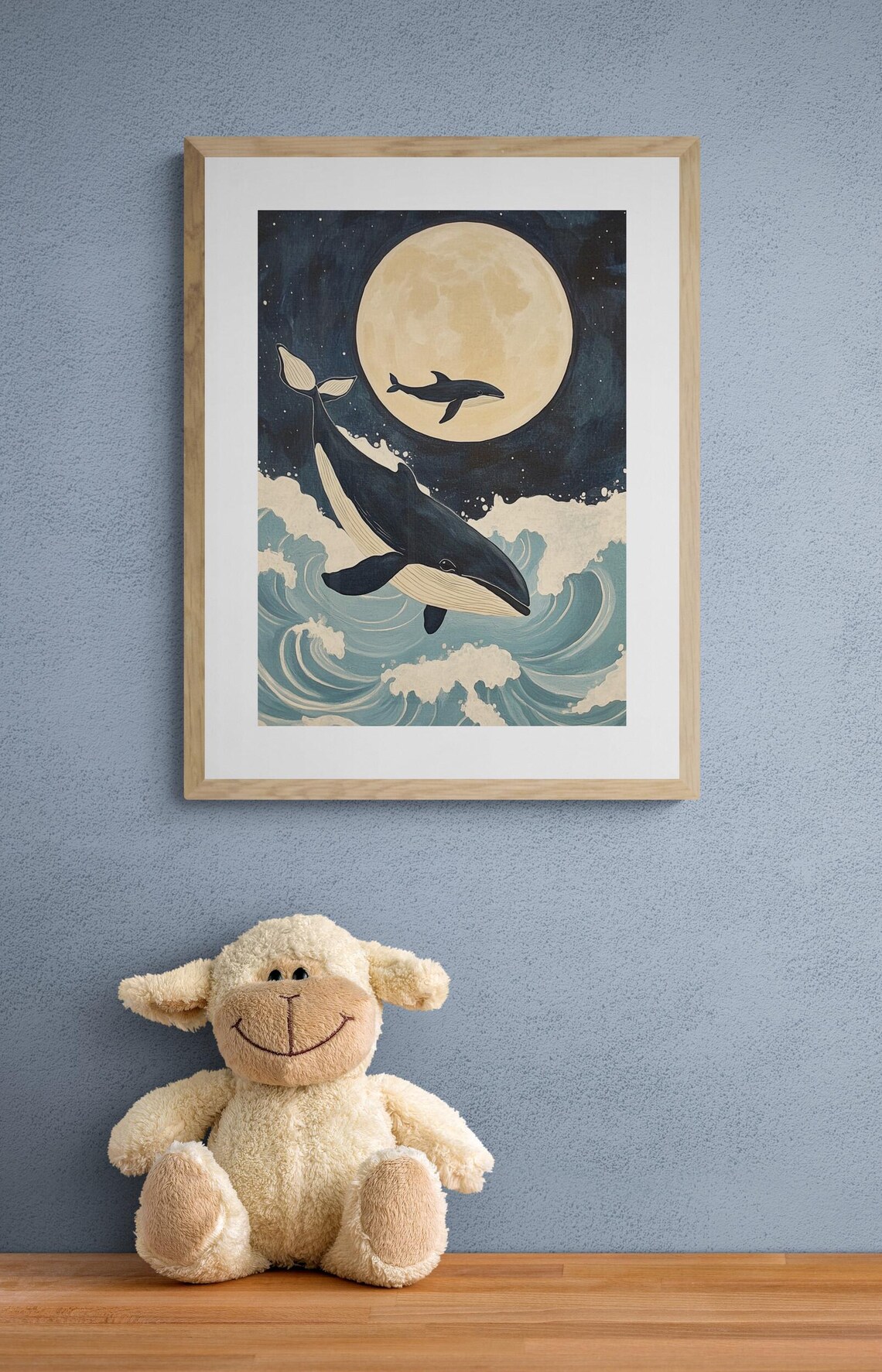 Moonlight Whales Mother Baby Full Moon Ocean Waves Nursery Wall Art Poster - Image 2