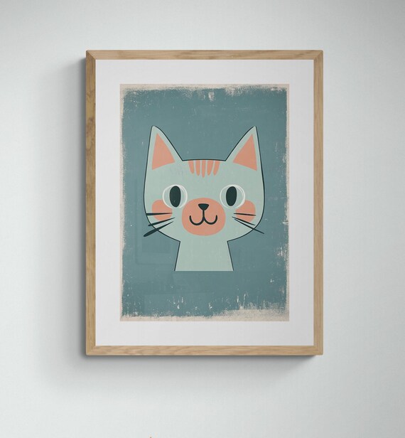 Smiling Cat Face Retro Mid Century Kids Room Nursery Wall Art Print