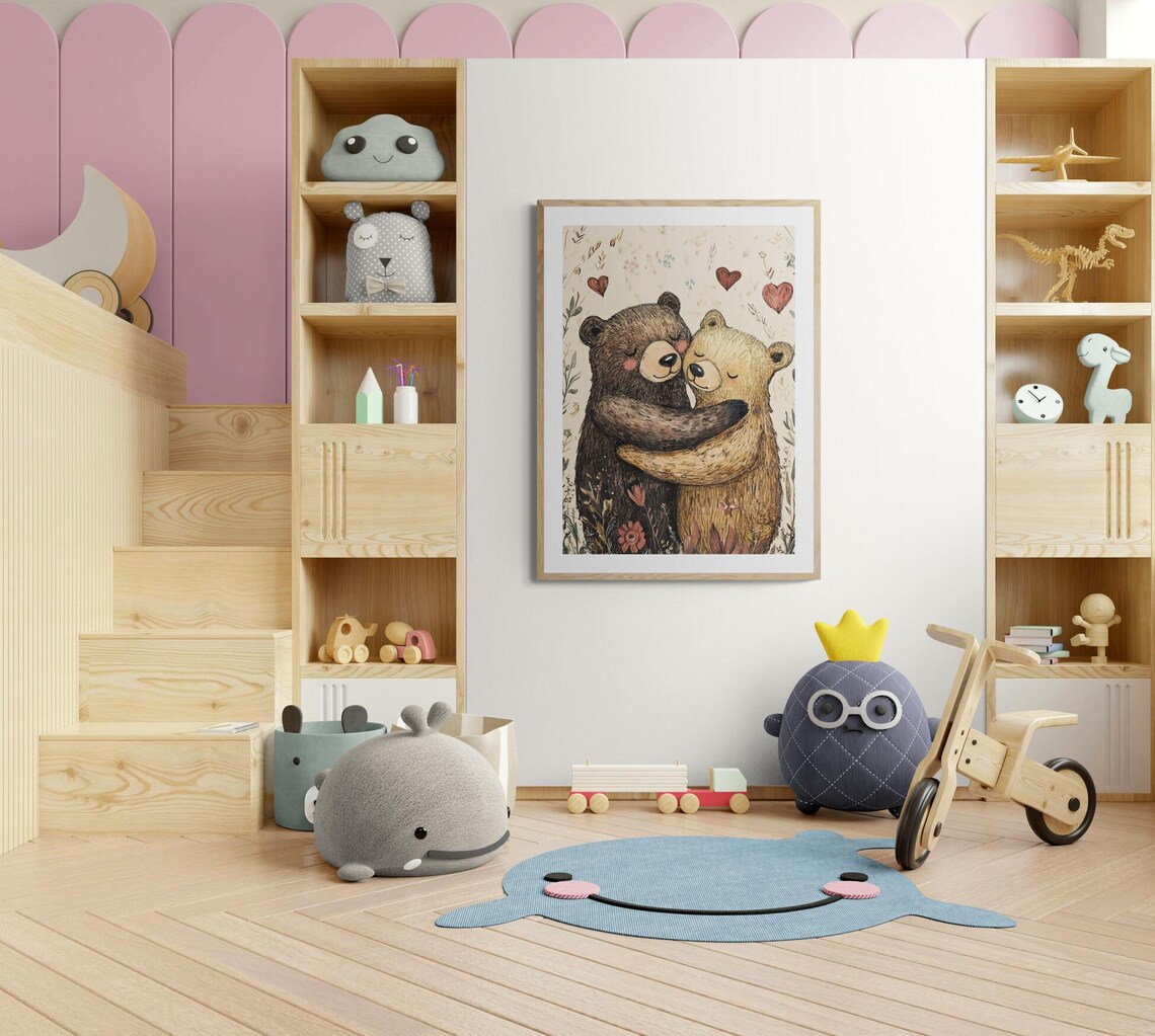 Two Bears Hugging Hearts Woodland Cute Nursery Animal Wall Decor Art Print - Image 2