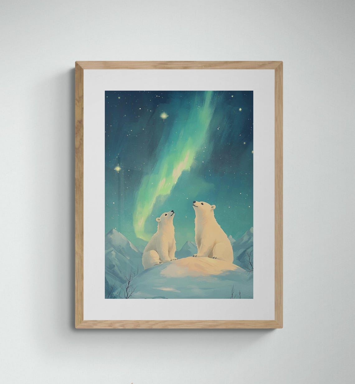 Polar Bears Watching Aurora Borealis Starry Arctic Kids Wall Art Print
