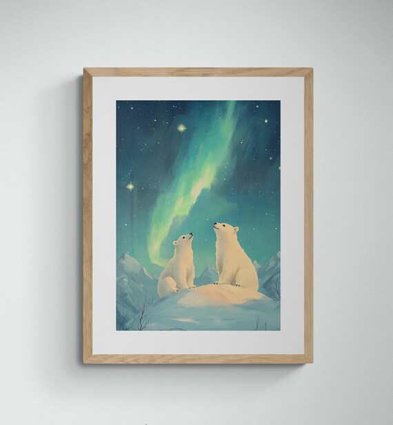 Polar Bears Watching Aurora Borealis Starry Arctic Kids Wall Art Print