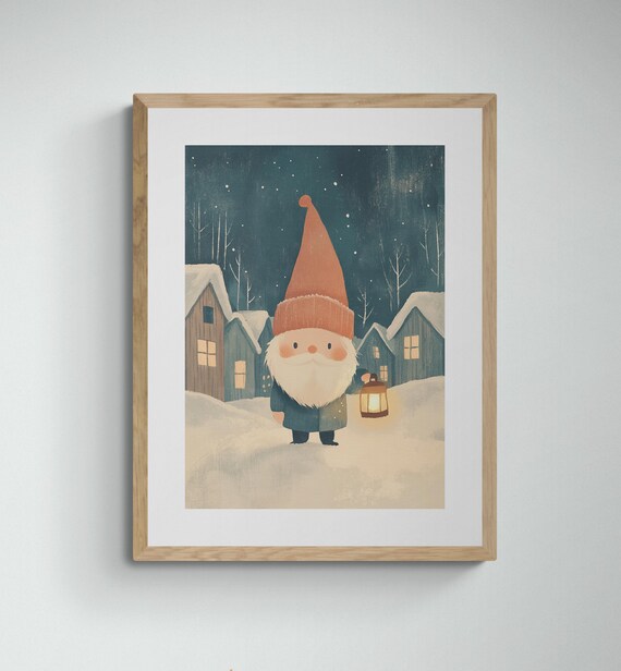 Viking Gnome Magical Nordic Wall Art Cozy Winter Decor For Home Snowy Village Print Holiday Gift Idea Whimsical Artwork
