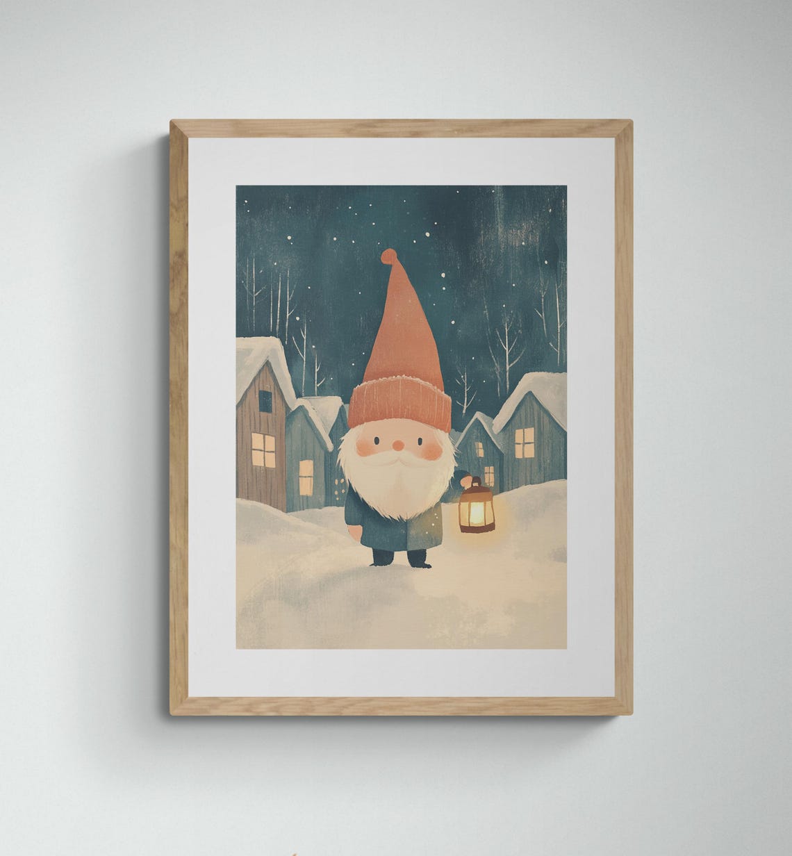 Viking Gnome Tomte With Lantern Snowy Nordic Village Night Wall Art